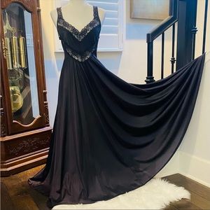 80s Undercover Wear Silky Nylon Lace Black Goth Full Sweep Maxi Gown Slip Dress